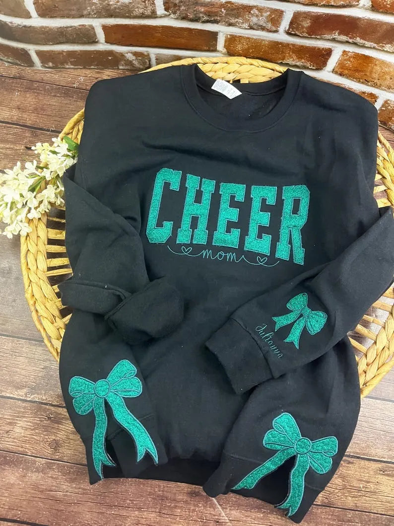 Customize Cheer Mom Glitter Sweatshirt with Side Bow & Sleeve Embroidery
