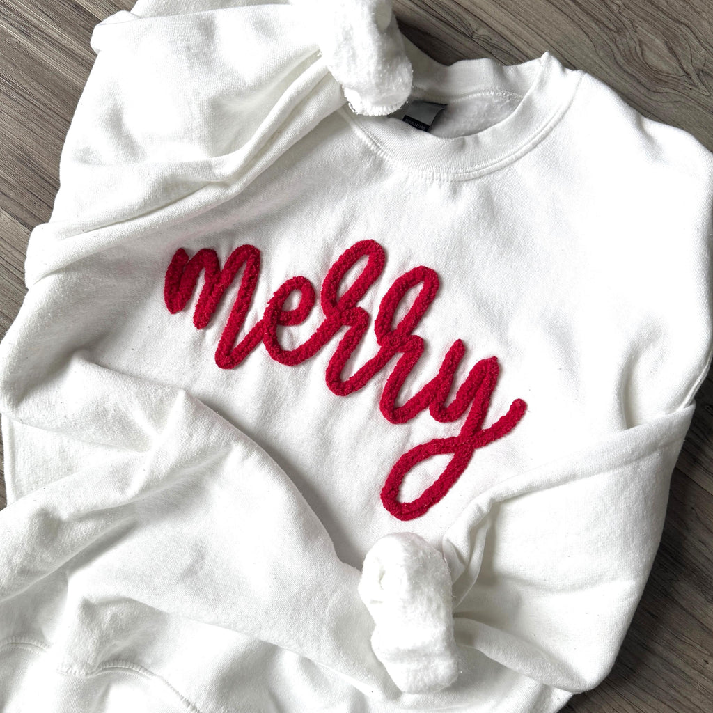 Custom Chenille Yarn Embroidered Merry Sweatshirt