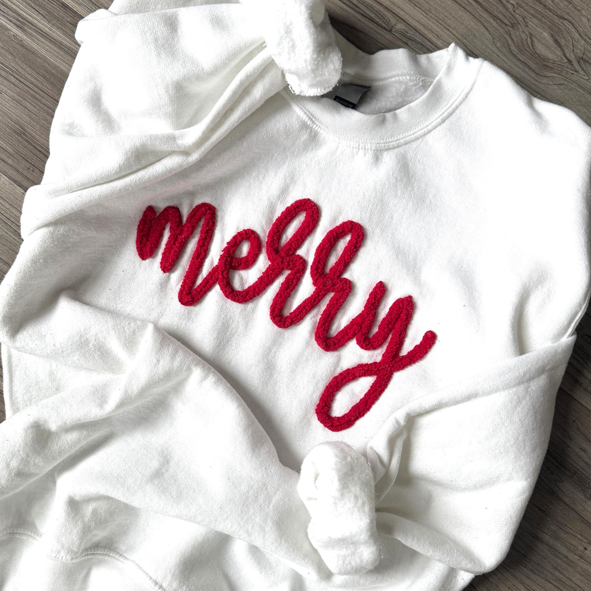 Custom Chenille Yarn Embroidered Merry Sweatshirt