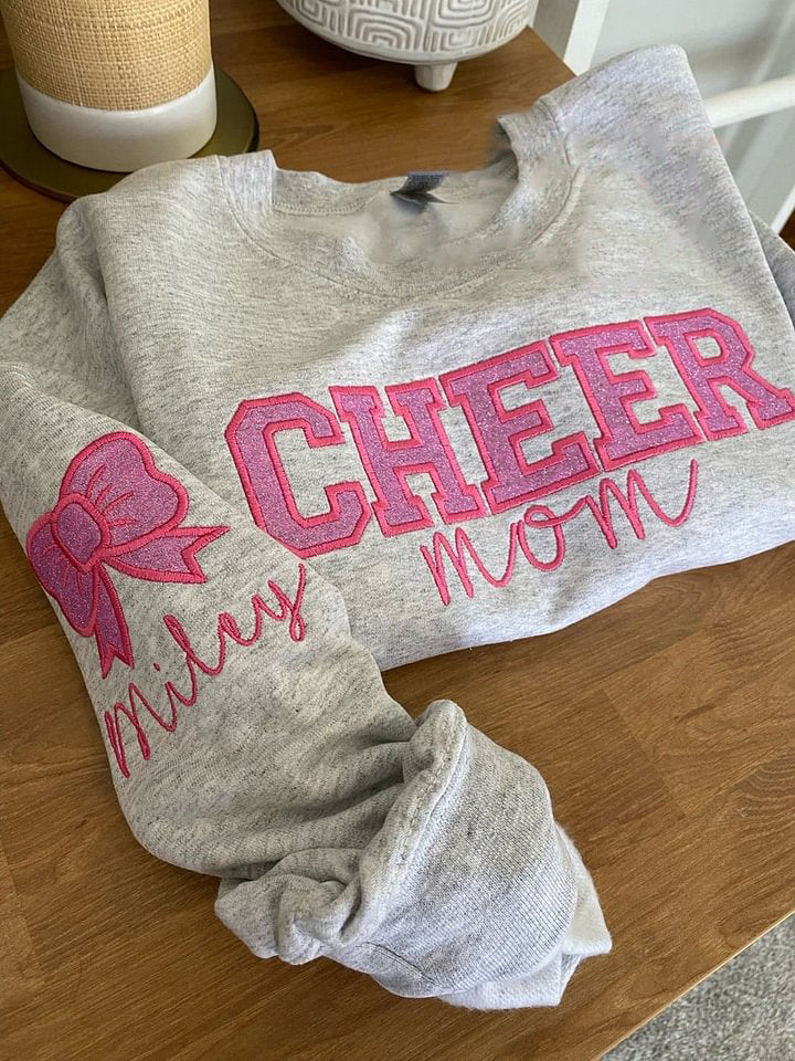 Personalized Embroidered Cheer Mom Sweatshirt , Custom Team Crewneck , Cheer Mom Bow Shirt