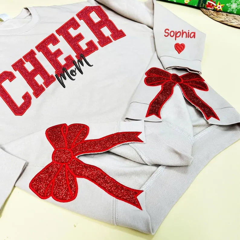 Customize Cheer Mom Glitter Sweatshirt with Side Bow & Sleeve Embroidery