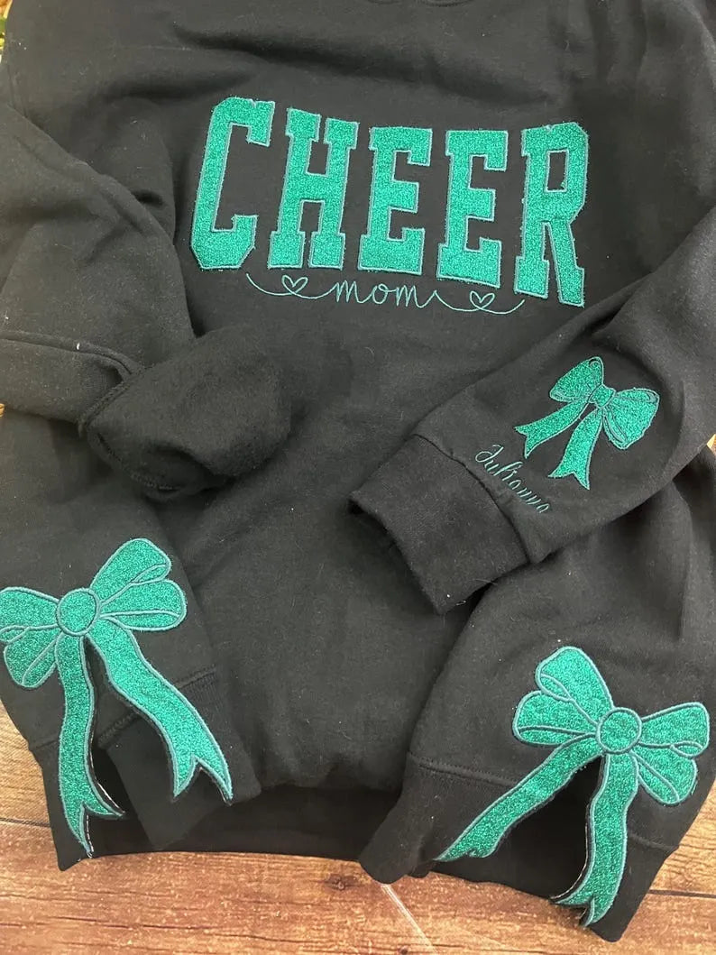 Customize Cheer Mom Glitter Sweatshirt with Side Bow & Sleeve Embroidery