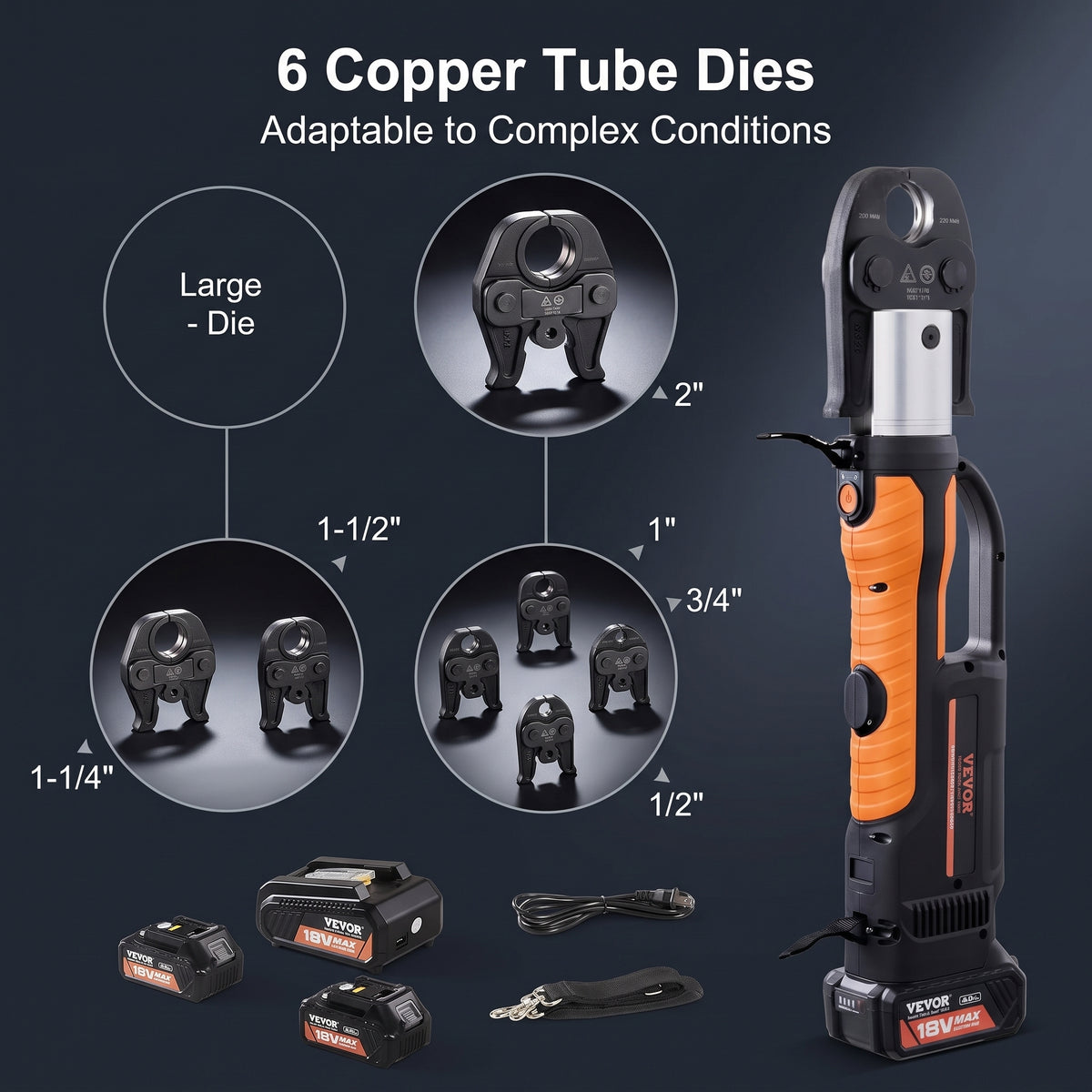 VEVOR 18V Electric Pipe Crimping Tool Press Tool Kit | 1/2" to 2" Copper Pipes, Compatible with ProPress, 6 VUS Press Jaws, 2pcs 4AH Battery & Fast Charger, Carrying Case