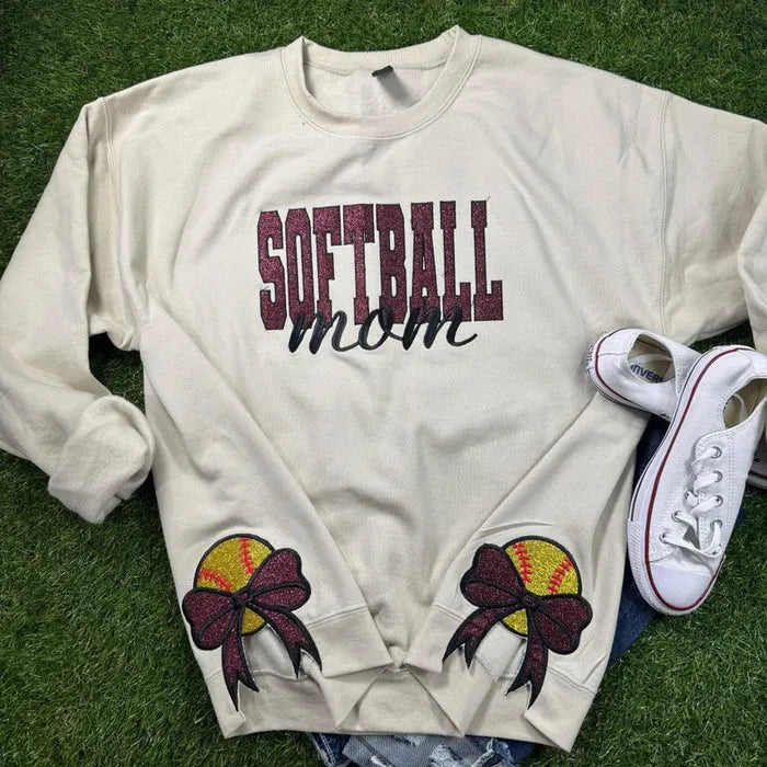 Bow Sport Mom Glitter Embroidery T-Shirt, Sweatshirt