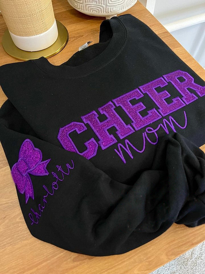 Personalized Embroidered Cheer Mom Sweatshirt , Custom Team Crewneck , Cheer Mom Bow Shirt