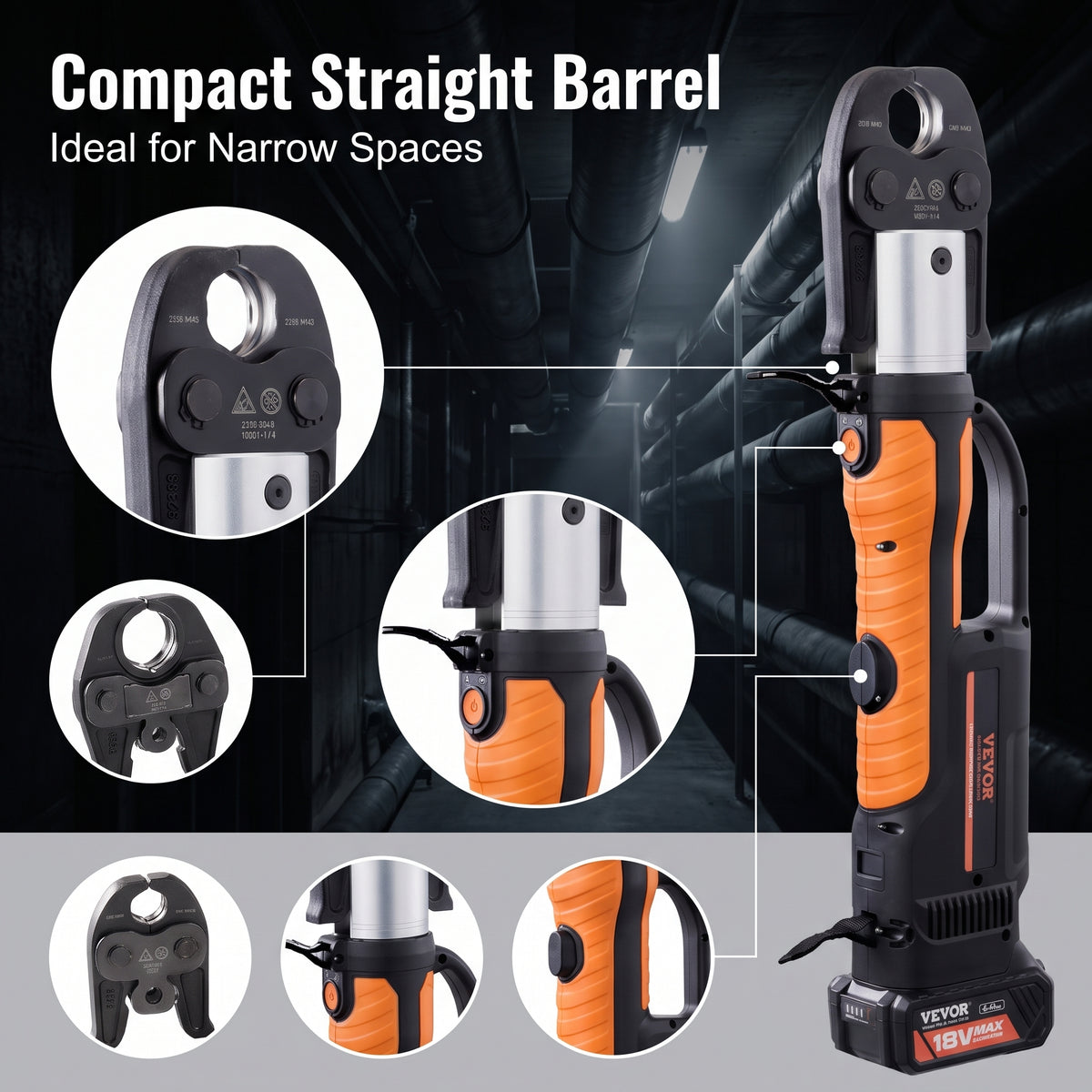 VEVOR 18V Electric Pipe Crimping Tool Press Tool Kit | 1/2" to 2" Copper Pipes, Compatible with ProPress, 6 VUS Press Jaws, 2pcs 4AH Battery & Fast Charger, Carrying Case