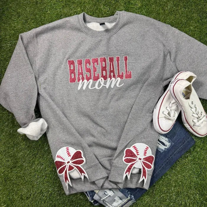 Bow Sport Mom Glitter Embroidery T-Shirt, Sweatshirt