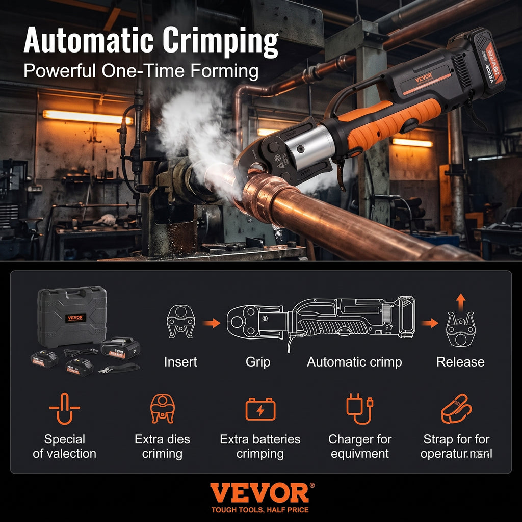 VEVOR 18V Electric Pipe Crimping Tool Press Tool Kit | 1/2" to 2" Copper Pipes, Compatible with ProPress, 6 VUS Press Jaws, 2pcs 4AH Battery & Fast Charger, Carrying Case