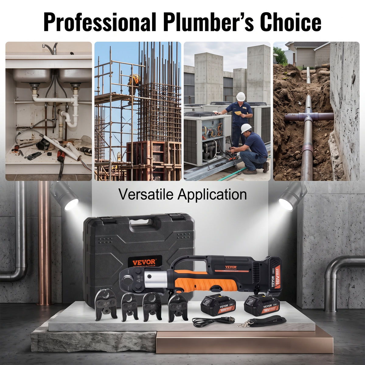 VEVOR 18V Electric Pipe Crimping Tool Press Tool Kit | 1/2" to 2" Copper Pipes, Compatible with ProPress, 6 VUS Press Jaws, 2pcs 4AH Battery & Fast Charger, Carrying Case