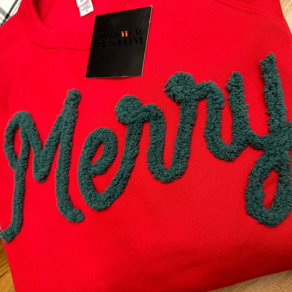 Custom Chenille Yarn Embroidered Merry Sweatshirt