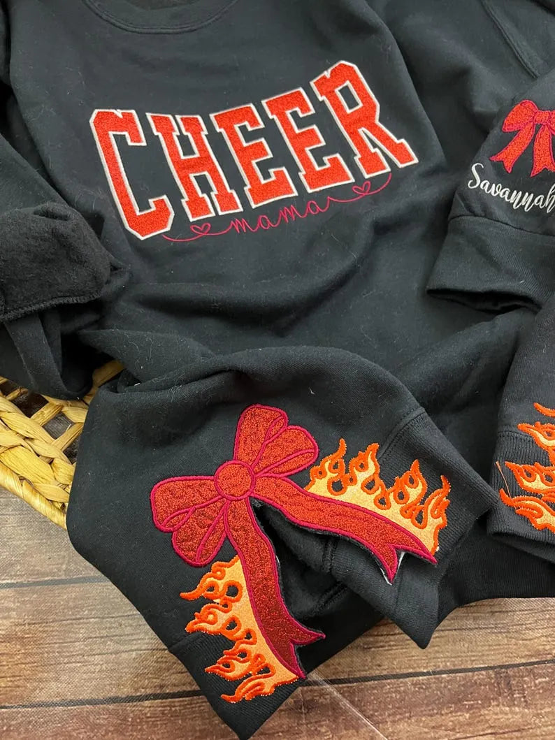 Customize Cheer Mom Glitter Sweatshirt with Side Bow & Sleeve Embroidery