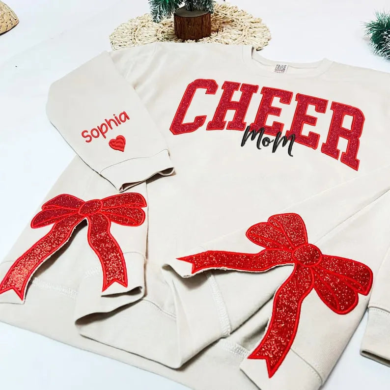 Customize Cheer Mom Glitter Sweatshirt with Side Bow & Sleeve Embroidery
