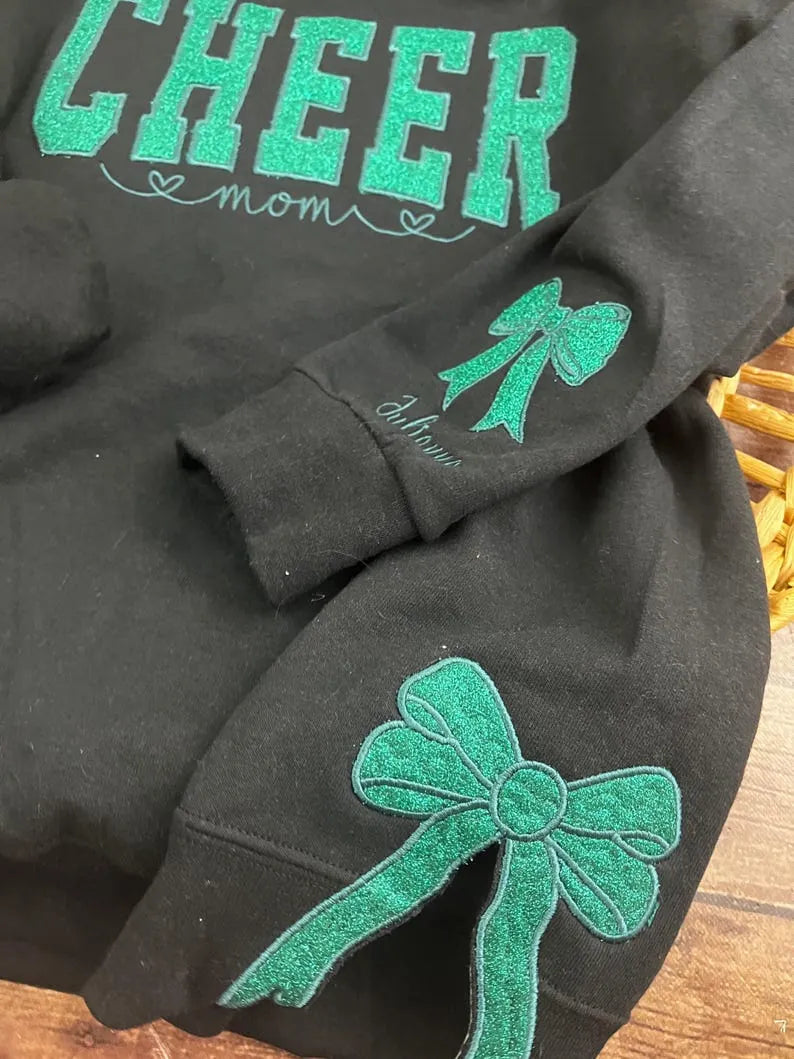 Customize Cheer Mom Glitter Sweatshirt with Side Bow & Sleeve Embroidery