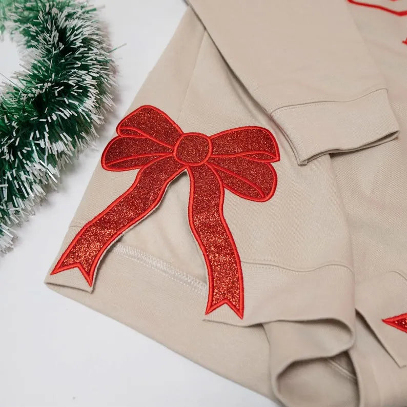 Customize Cheer Mom Glitter Sweatshirt with Side Bow & Sleeve Embroidery