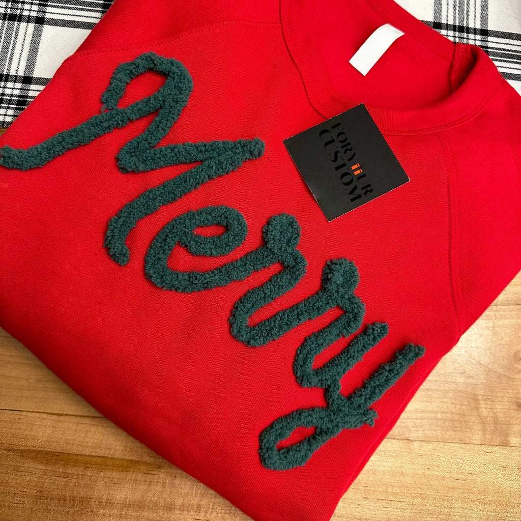 Custom Chenille Yarn Embroidered Merry Sweatshirt