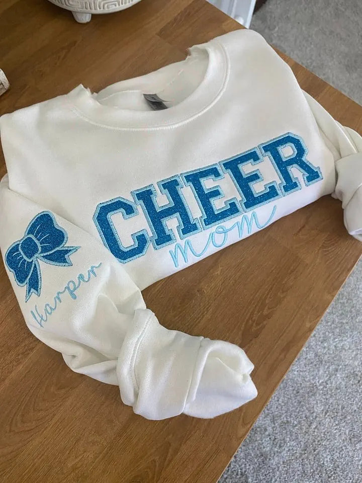 Personalized Embroidered Cheer Mom Sweatshirt , Custom Team Crewneck , Cheer Mom Bow Shirt