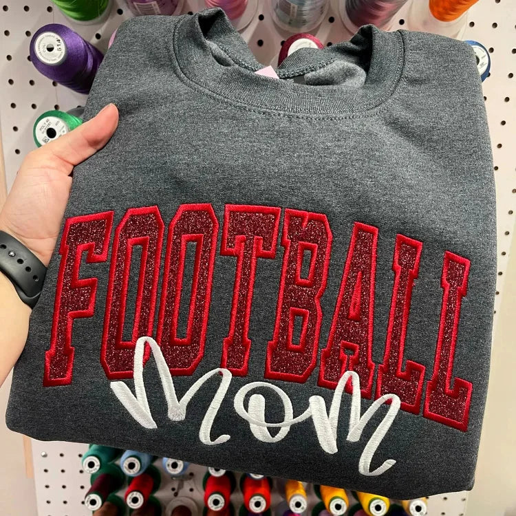 Personalized Glitter Embroidered Football Mom Sweatshirt, Hoodie & T-shirt