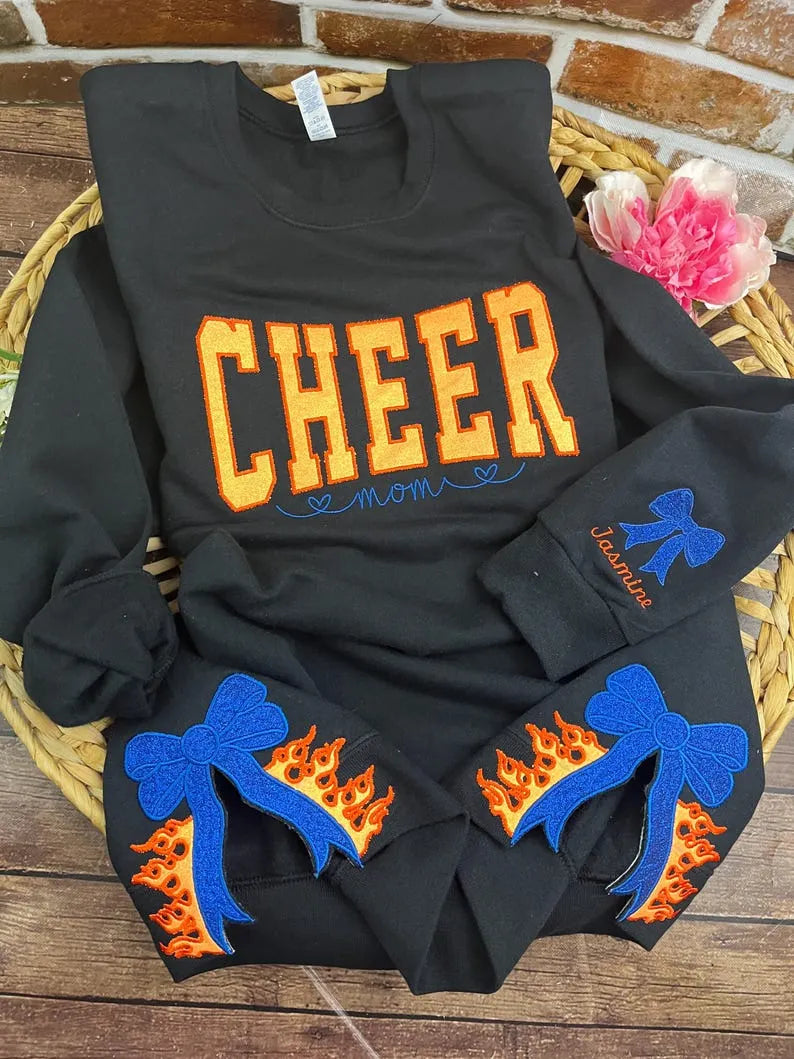 Customize Cheer Mom Glitter Sweatshirt with Side Bow & Sleeve Embroidery