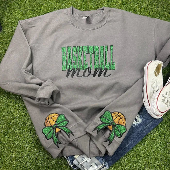 Bow Sport Mom Glitter Embroidery T-Shirt, Sweatshirt