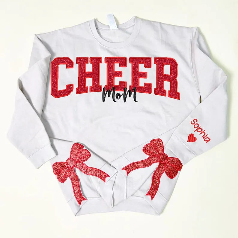 Customize Cheer Mom Glitter Sweatshirt with Side Bow & Sleeve Embroidery