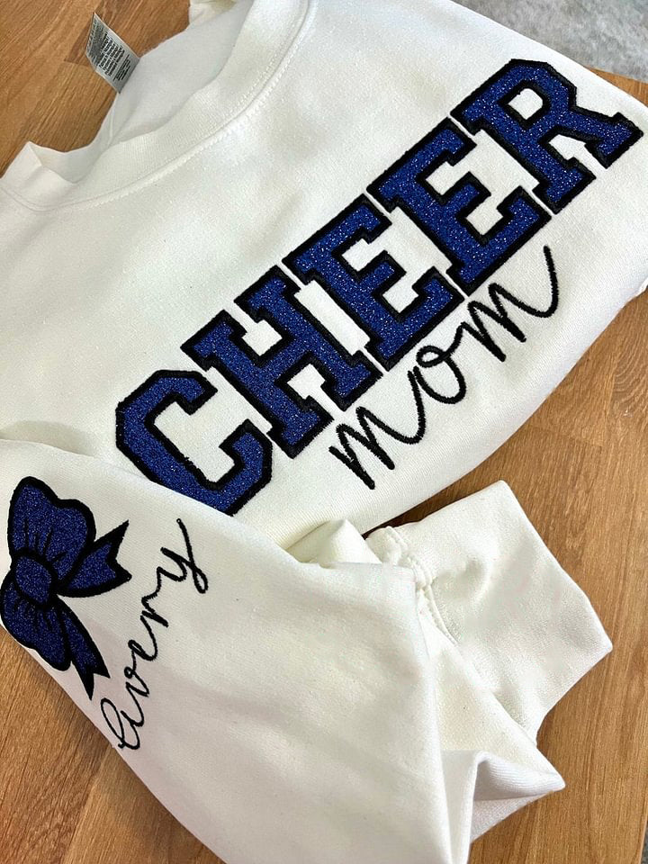 Personalized Embroidered Cheer Mom Sweatshirt , Custom Team Crewneck , Cheer Mom Bow Shirt