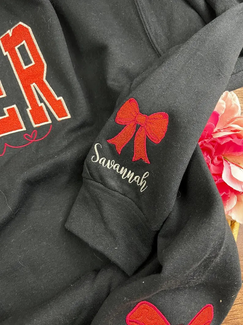 Customize Cheer Mom Glitter Sweatshirt with Side Bow & Sleeve Embroidery